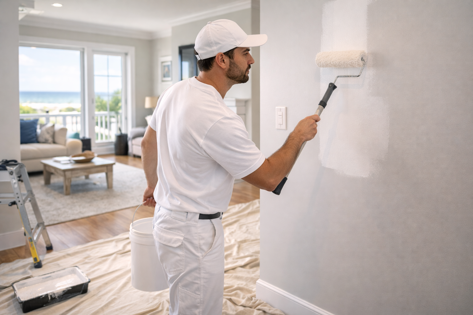A painter in white overalls uses a roller to paint a white wall indoors.