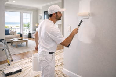 A painter in white overalls uses a roller to paint a white wall indoors.