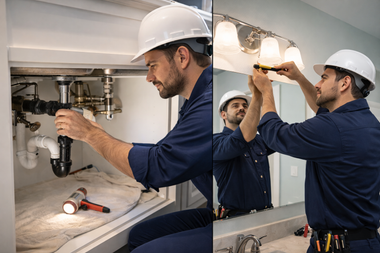 Plumber in blue work clothes, hard hat, working on plumbing under a sink and lighting fixture in a bathroom.