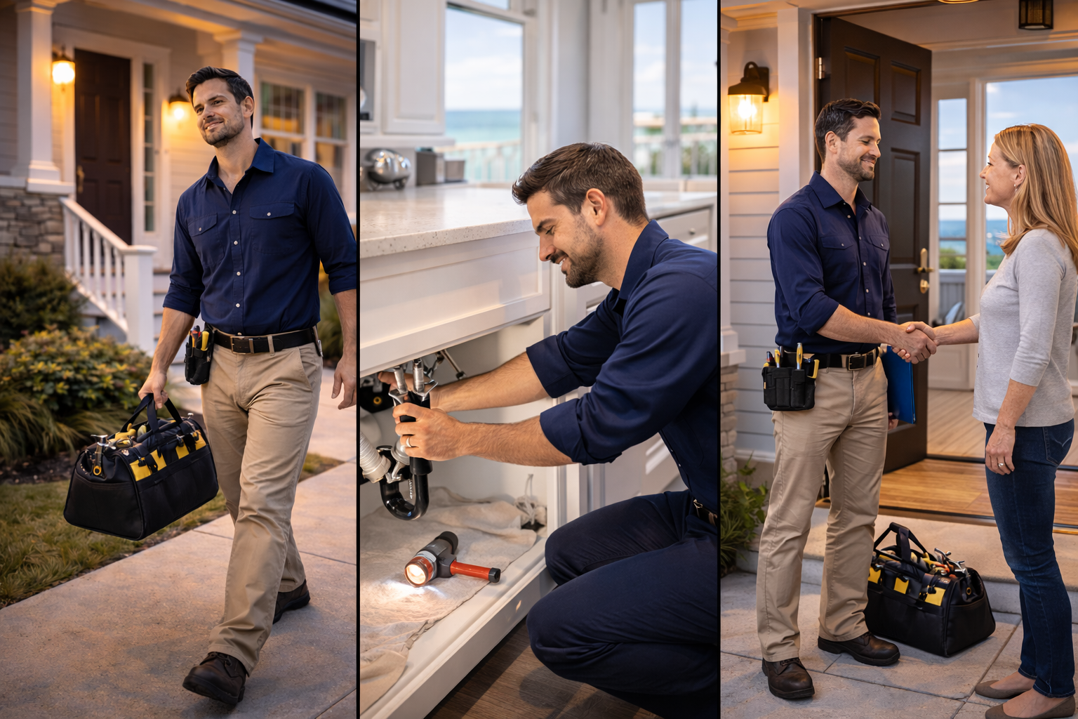 Plumber arriving at home, inspecting pipes, and greeting a woman. He is holding tools and smiling.