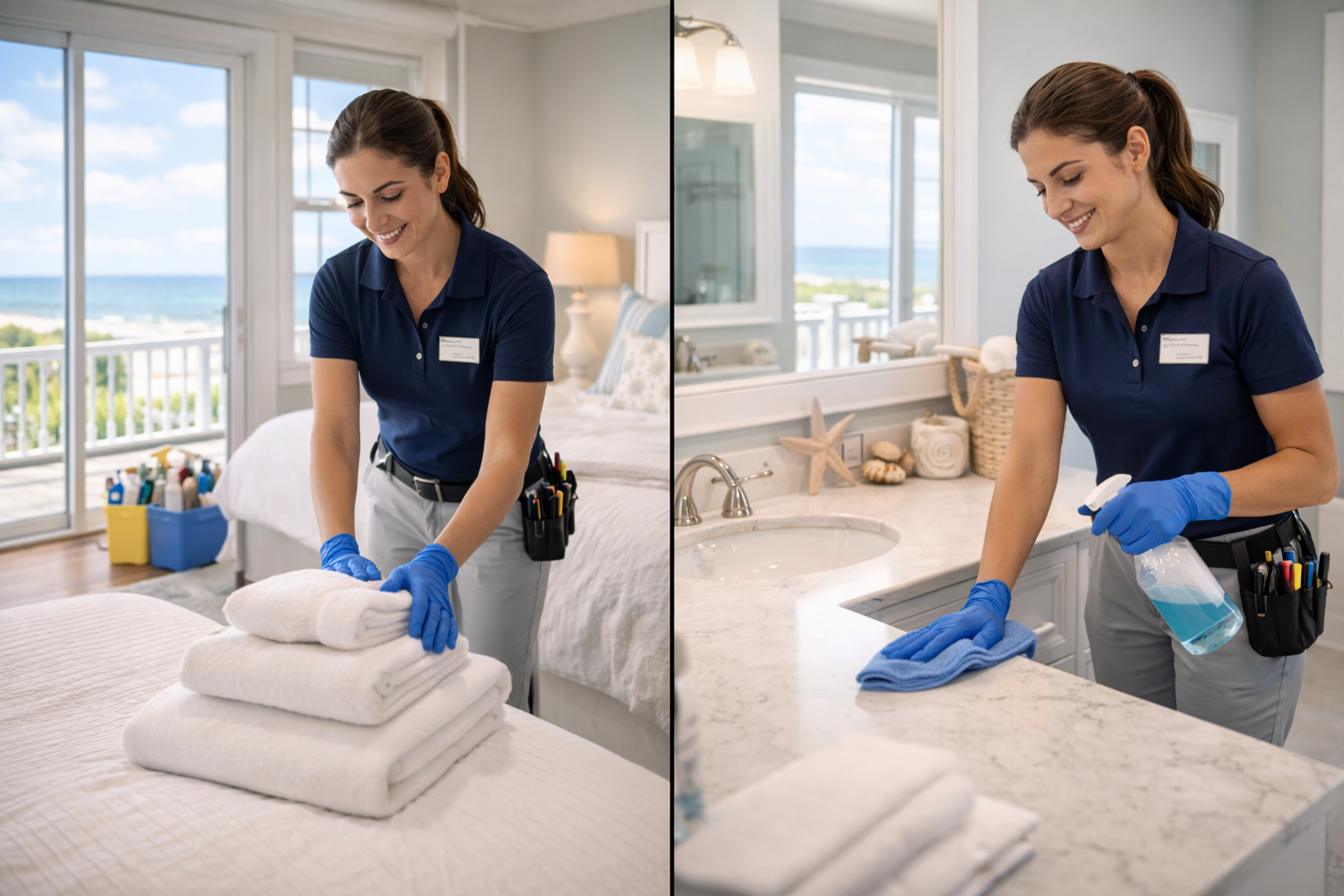Woman in blue shirt and gloves cleans a bedroom and bathroom.
