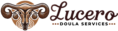 Lucero Doula Services logo with brown butterfly and stylized text on a white background