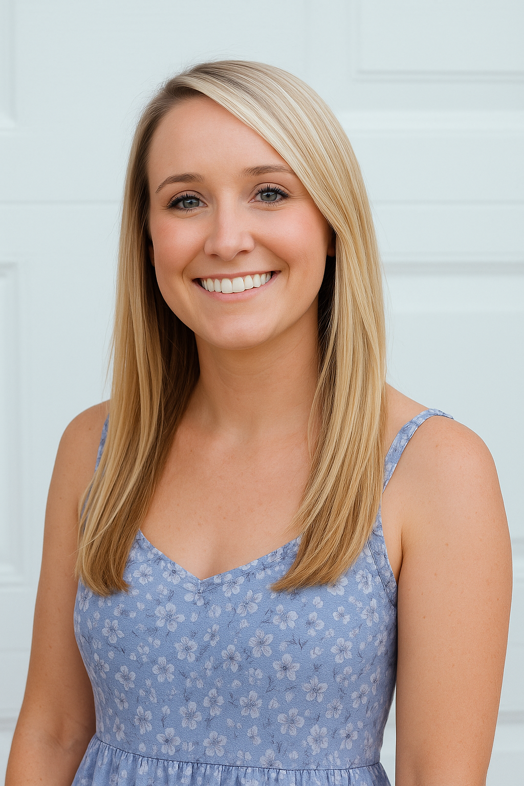 Blonde woman smiling in a blue floral sundress; white background.