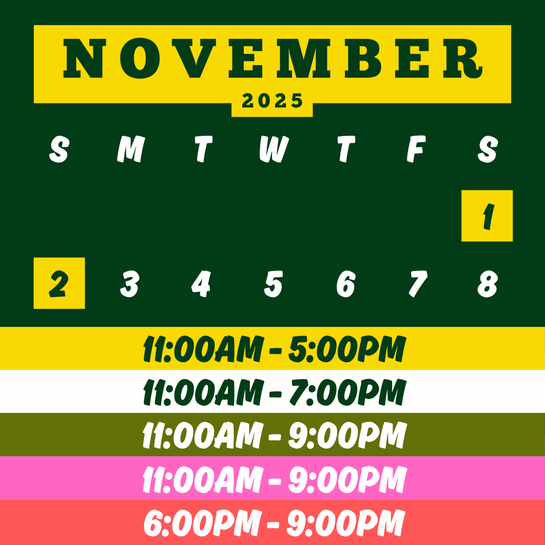 November 2025 calendar with opening hours.  Hours are listed for each day, ranging from 11am-5pm to 6pm-9pm.
