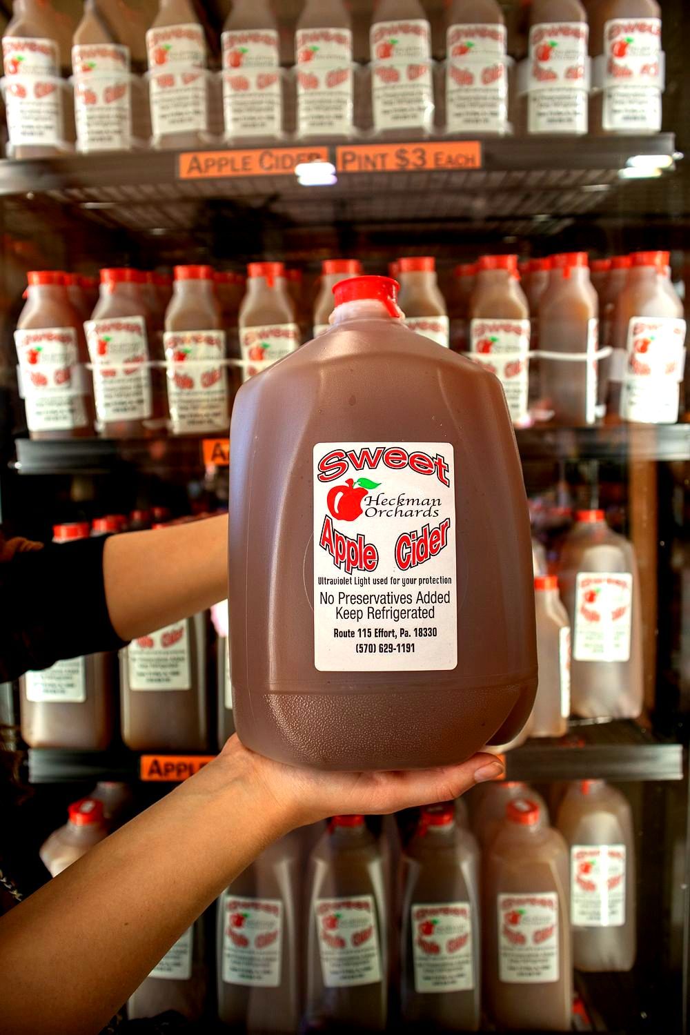 Person holding a large jug of apple cider, with more cider bottles on shelves behind them.