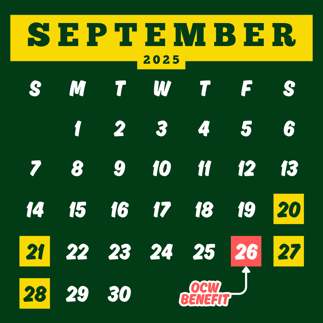 September 2025 calendar; highlighted dates for September 21, 26 (OCW Benefit), and 28.