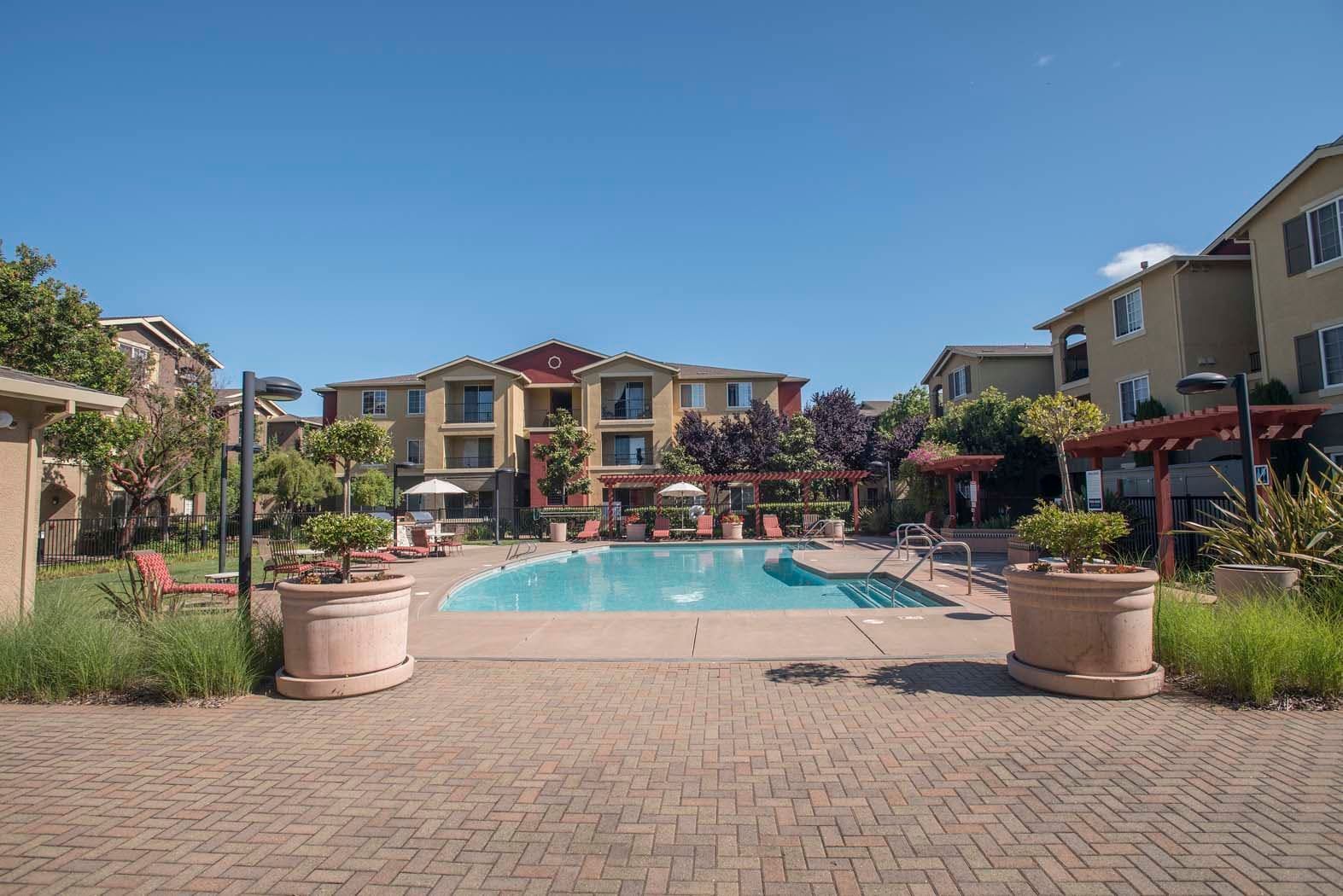 Swimming pool area surrounded by apartment buildings and landscaped gardens.