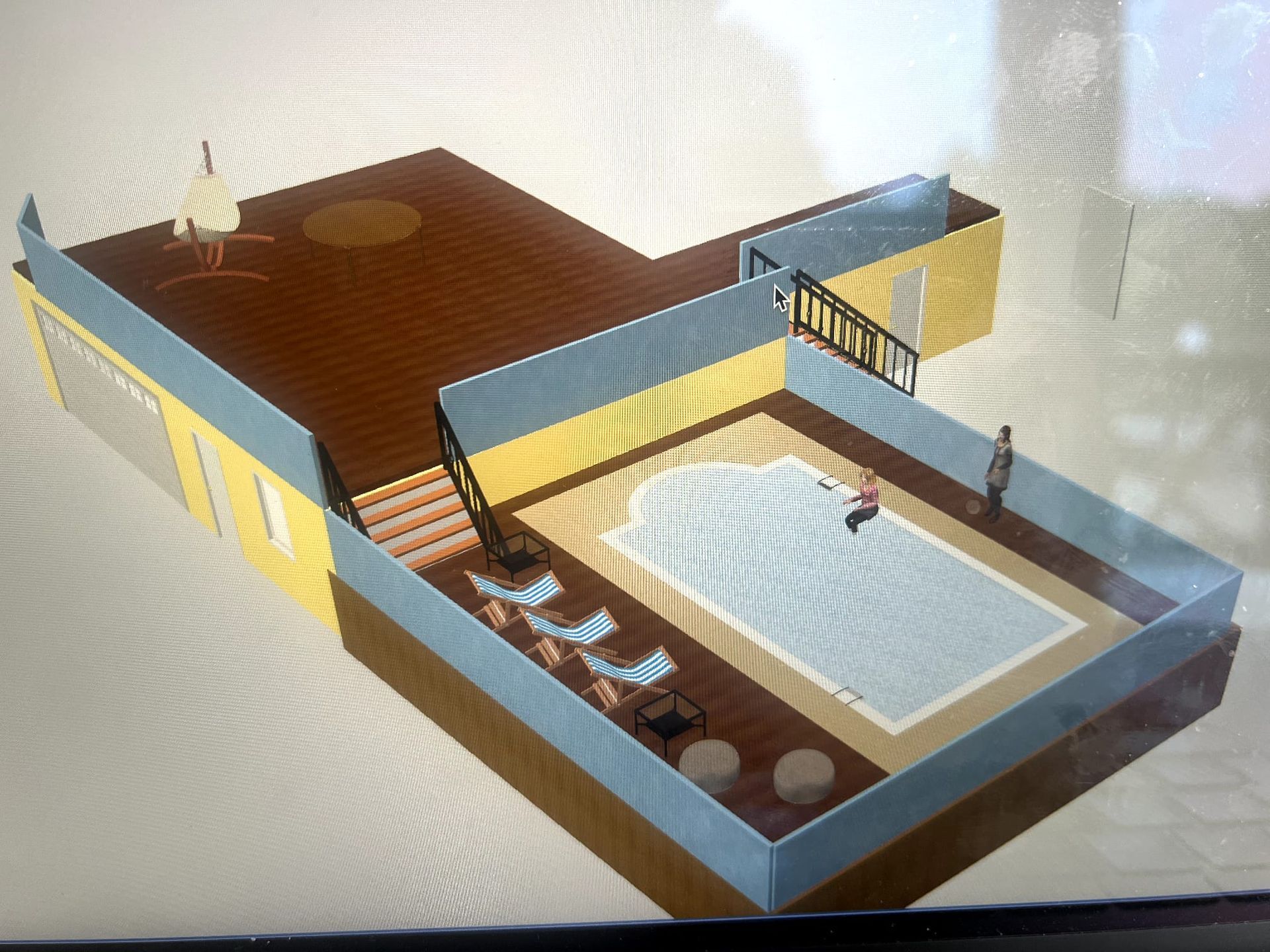 Rendu 3D d'un espace piscine sur le toit avec piscine, chaises longues et terrasse supérieure.