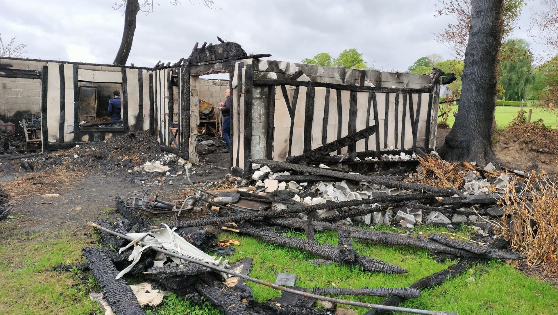 Structure en bois calcinée, vestiges carbonisés éparpillés sur l'herbe verte, arbres en arrière-plan.