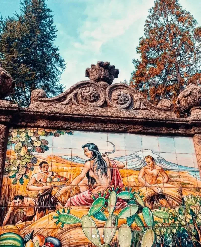 Ornate ceramic architectural details in Caltagirone surrounded by trees