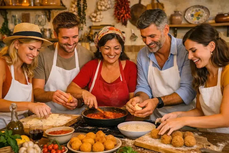 Group cooking together during a hands‑on Sicilian cooking class