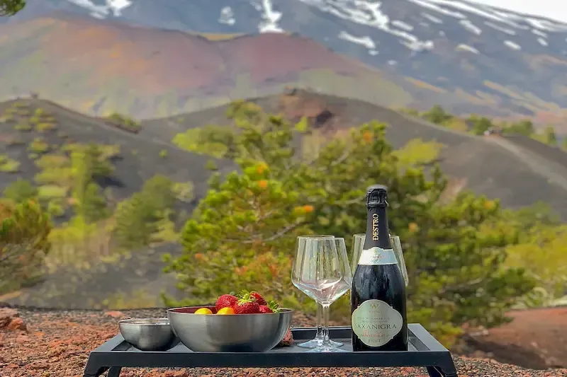 Wine tasting with Mount Etna in the background during a Sicilian food and wine experience