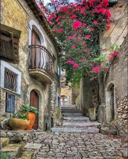 Charming alleyway in Forza d’Agrò with stone walls and blooming pink flowers