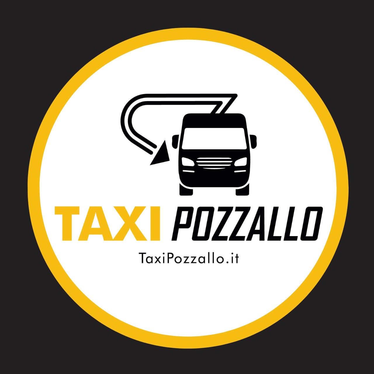 Taxi Pozzallo logo with black taxi icon, yellow ring, and website text TaxiPozzallo.it