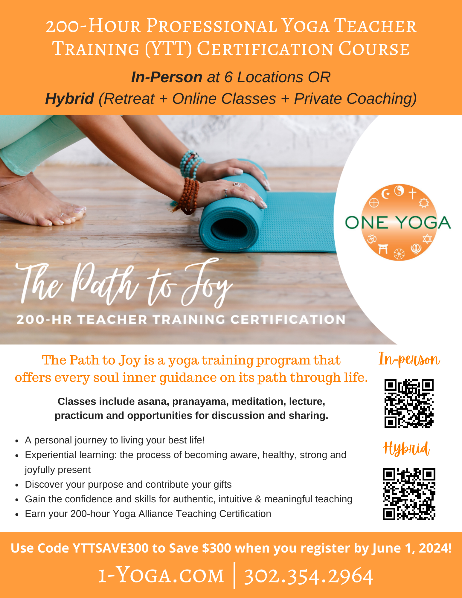 A poster for a yoga teacher training course called the path to joy.