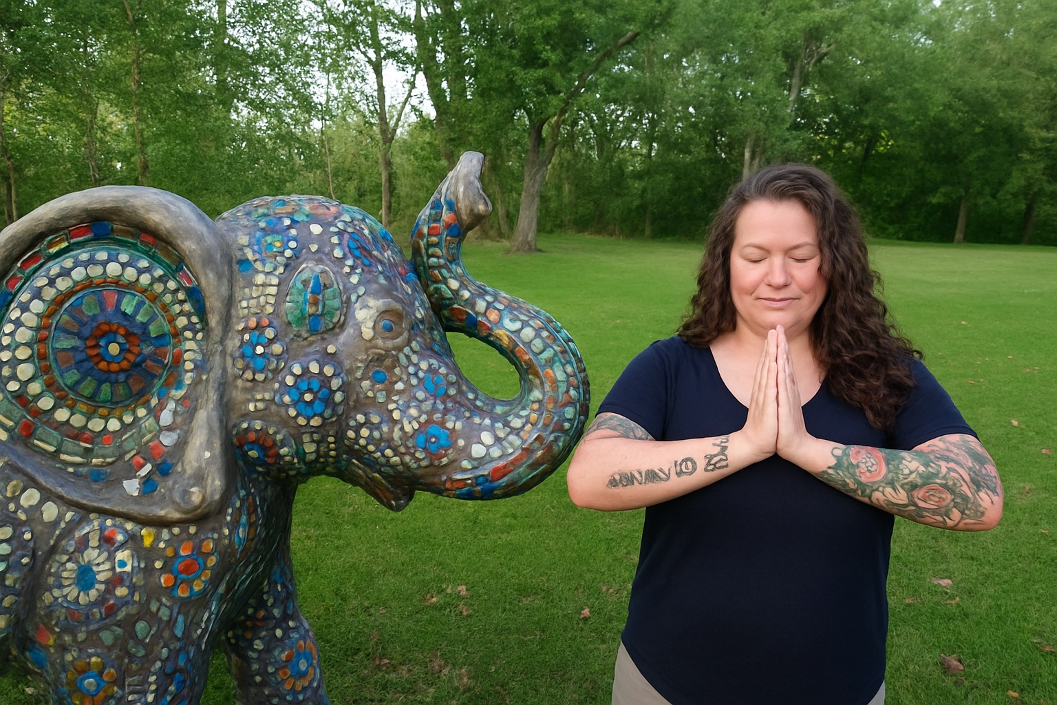 Woman with tattoos in prayer pose next to mosaic elephant statue in grassy park.