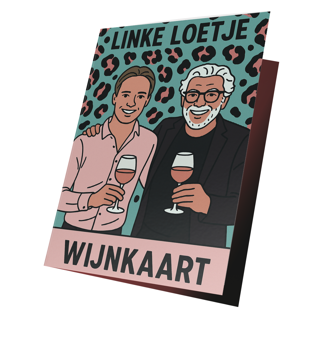 Een poster van een vrouw in een luipaardprintjurk die een fles wijn vasthoudt
