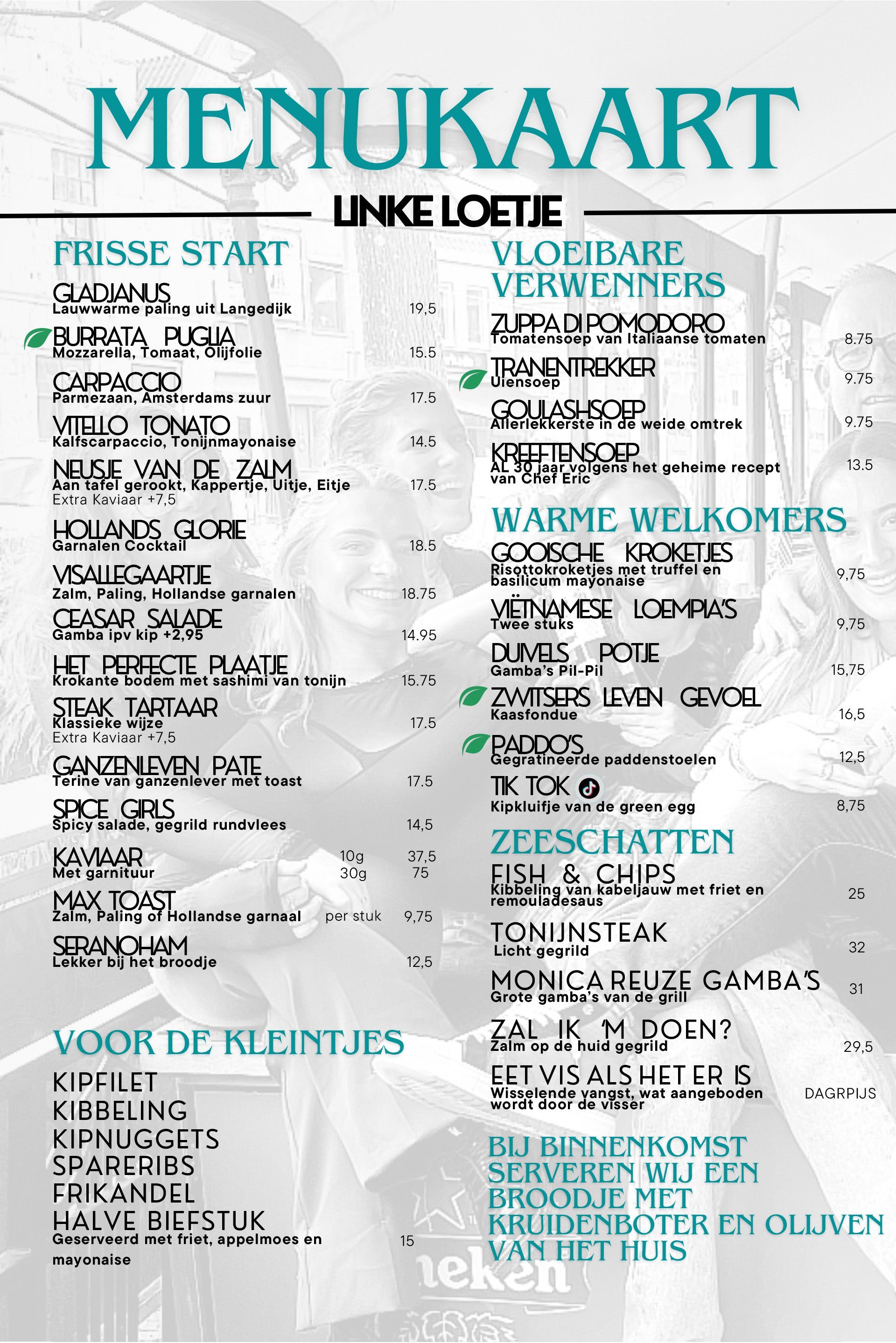 Een menukaart voor restaurant Linke Loetje met een afbeelding van een man in pak.