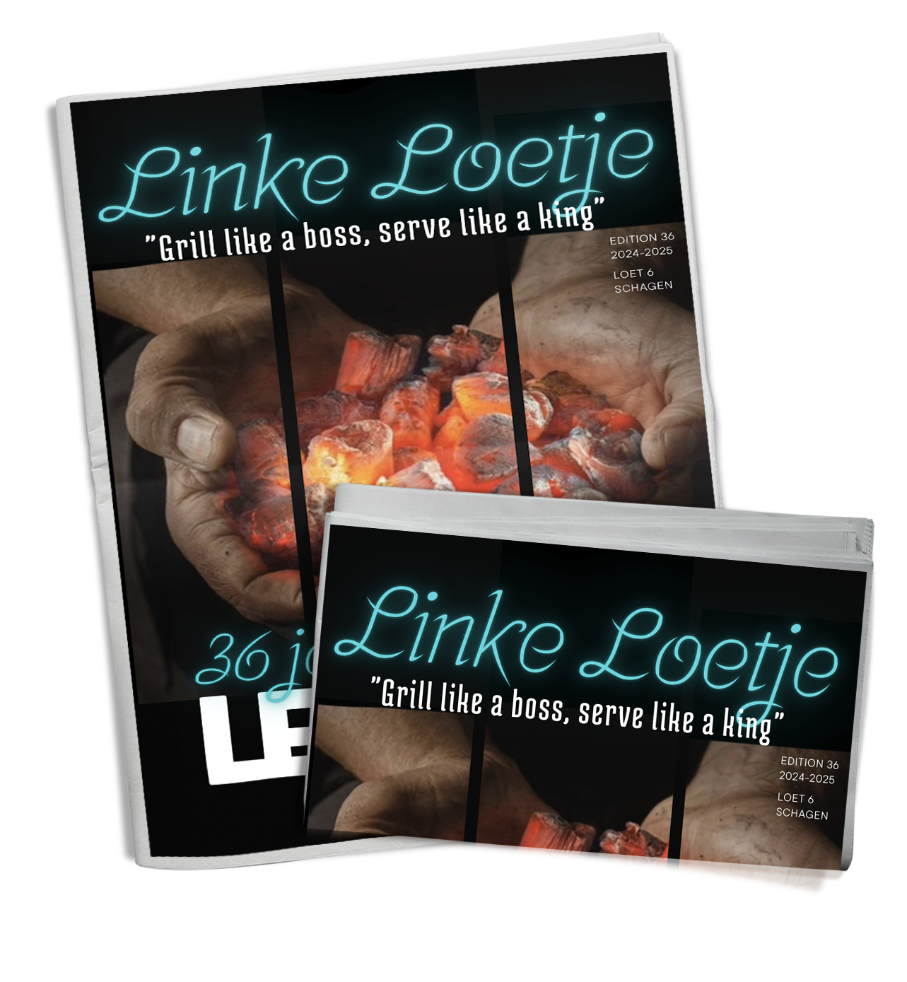 Linke Loetje Menu met een afbeelding van handen die houtskool vasthouden