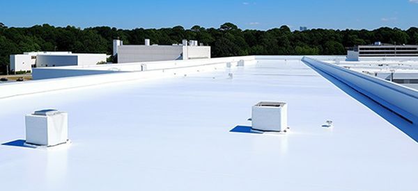 White commercial building roof under a blue sky. White air conditioning units are on the roof.