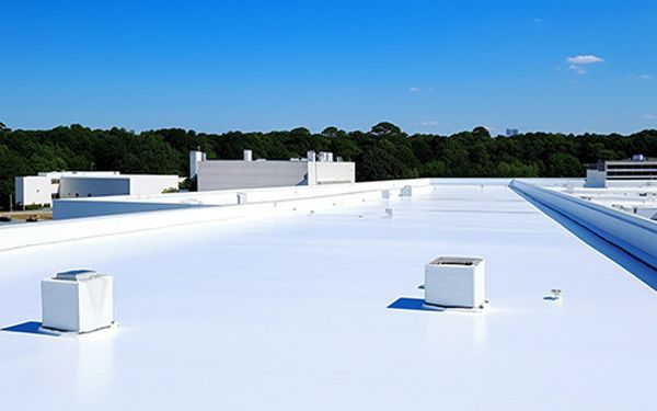 White commercial roof under a bright blue sky, with vents and distant treeline.