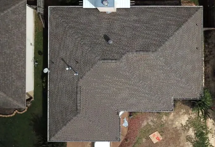 An aerial view of a roof of a house.