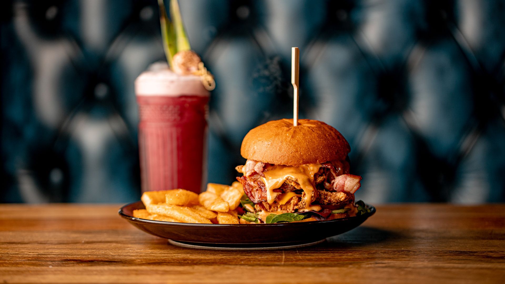 Burger with Fries and Cocktail Drink — Surfers Paradise, QLD — Steampunk Surfers Paradise