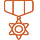 Orange medal with star design, hanging from a ribbon.