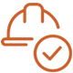 Orange hard hat with a checkmark inside a circle, symbolizing safety compliance.