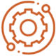 Orange gear inside a circle with lines and circles, symbolizing settings or process.