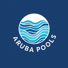 Logo for Aruba Pools: White circle with blue wave design, 