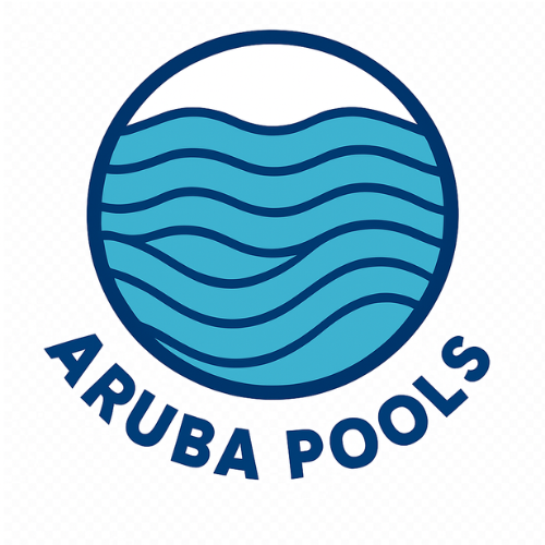 Logo for Aruba Pools: blue waves inside a dark blue circle, with
