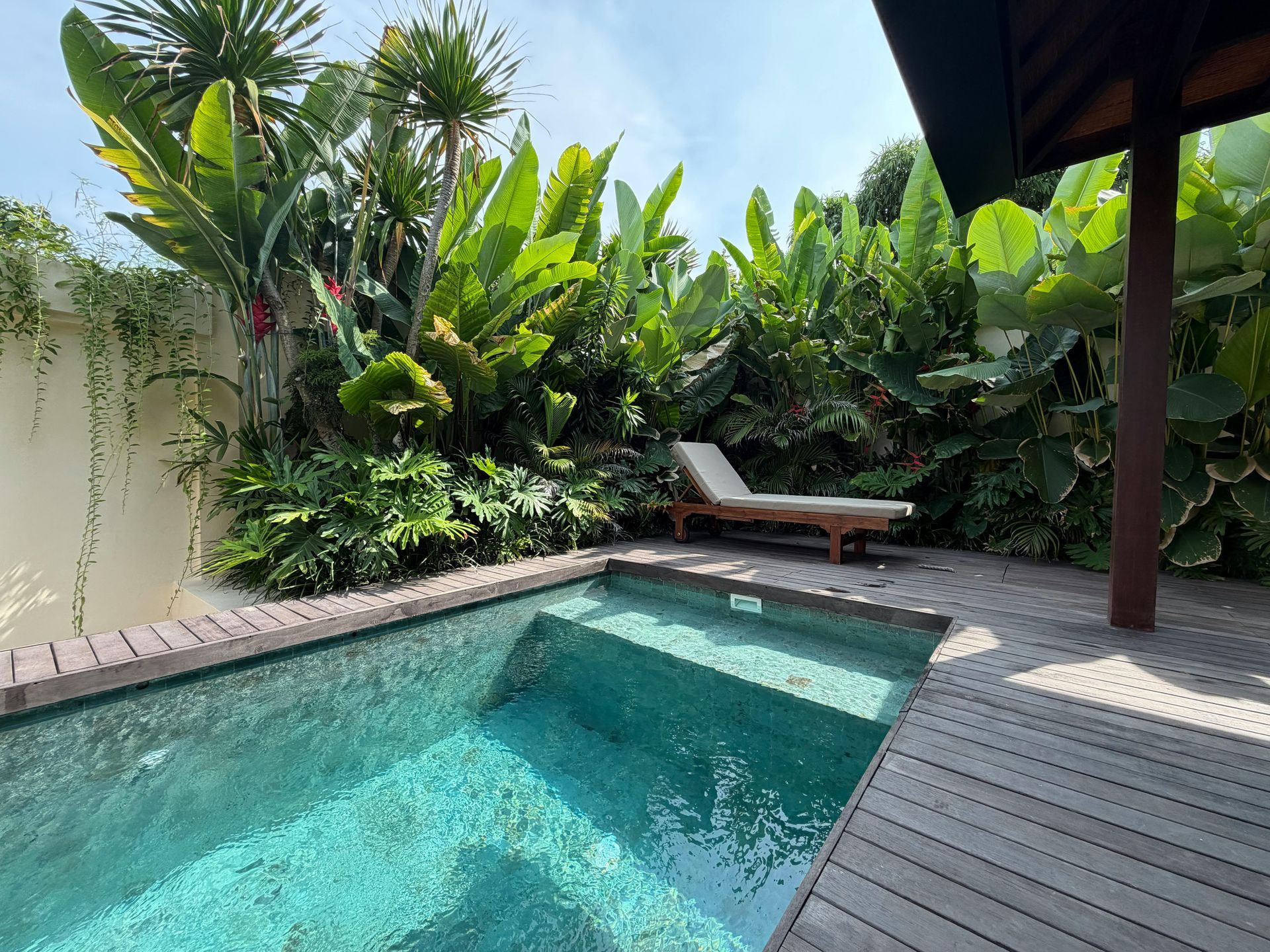 Small pool surrounded by lush greenery and a wooden deck. A lounge chair sits in the background.