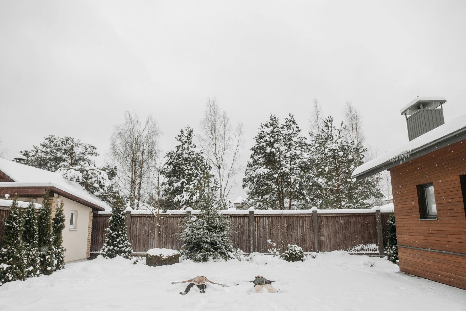 Snowy backyard with two figures making snow angels; trees and wooden fence in background.
