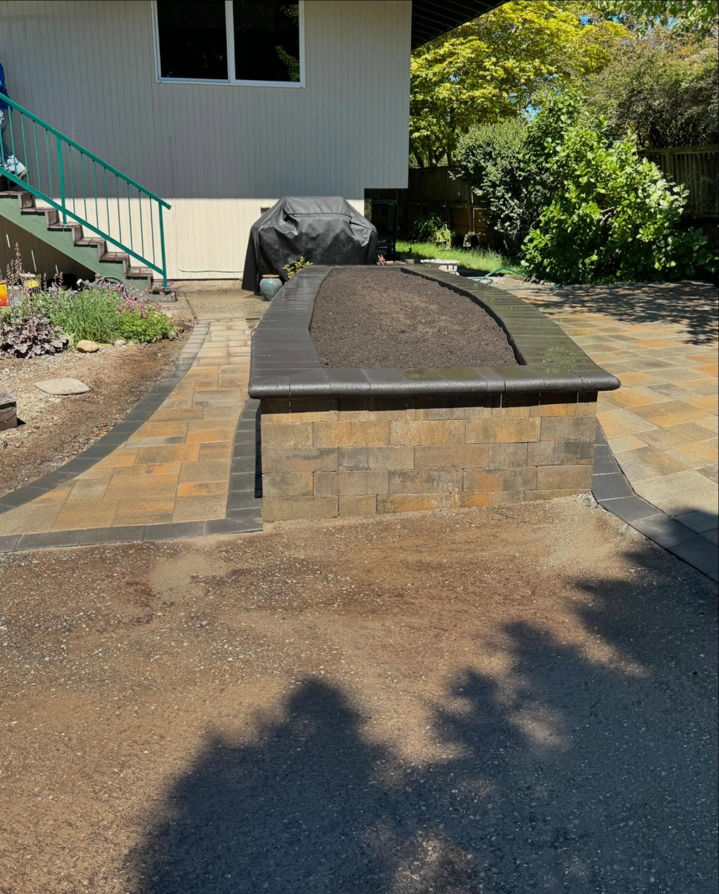 A shadow of a tree is cast on the ground in front of a house