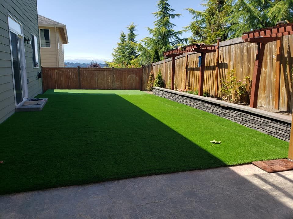A backyard with a wooden fence and a lush green lawn.