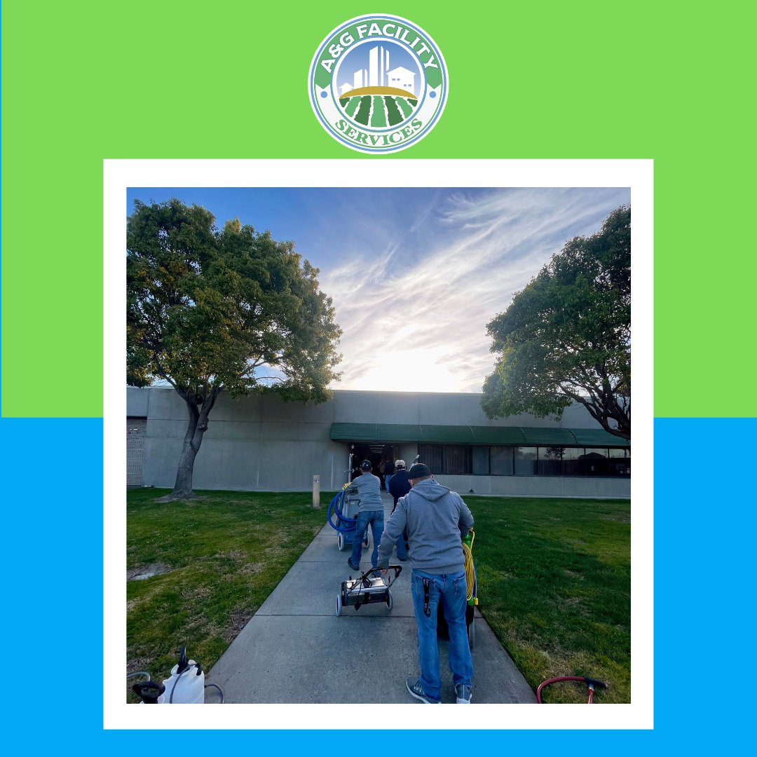 A logo for a & g facility is on a tile floor