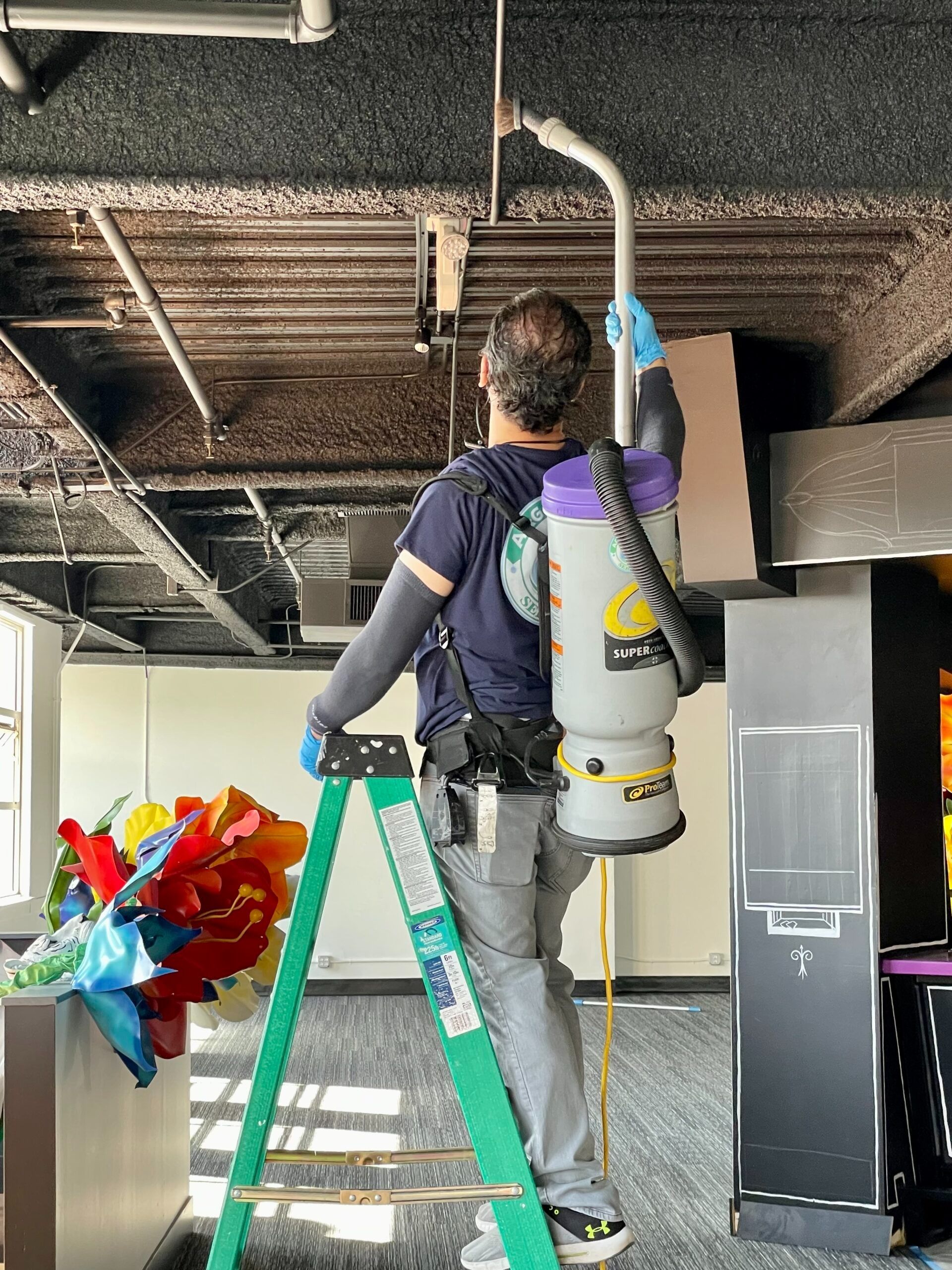 A man is standing on a ladder with a vacuum on his back.