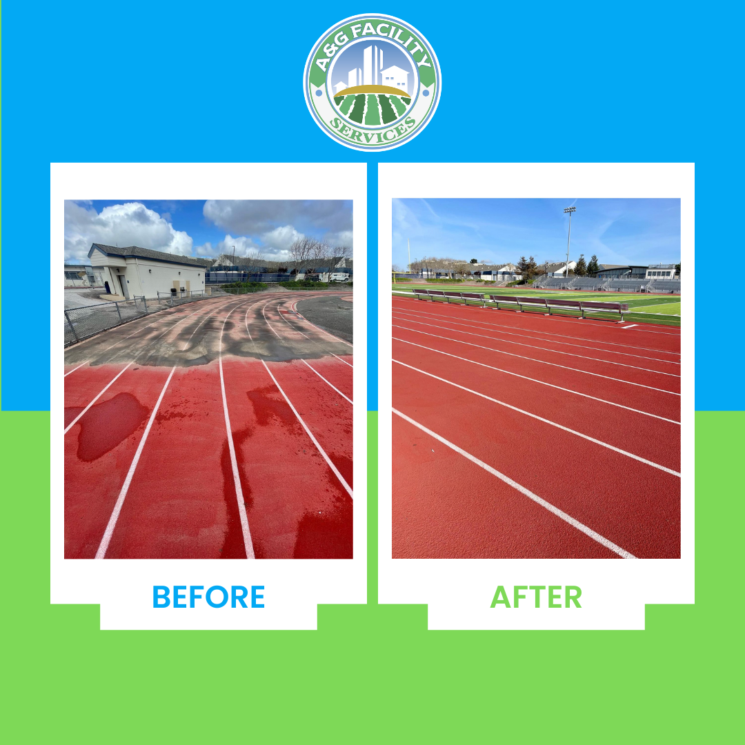 A before and after picture of a running track