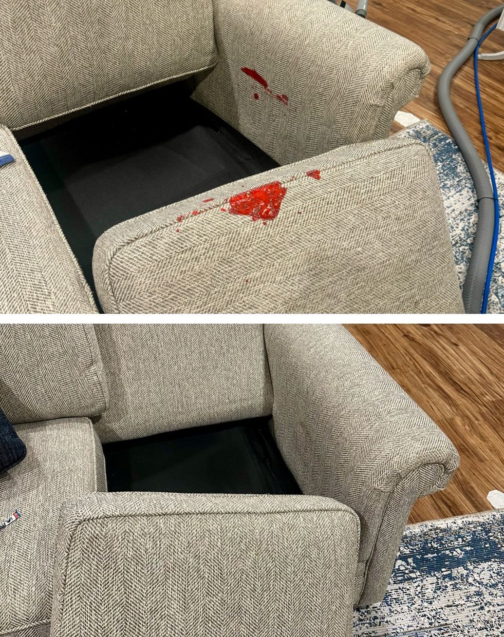 A before and after picture of a couch with red stains on it.