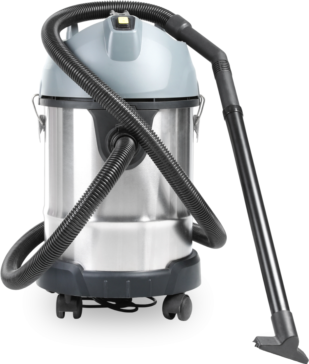 A stainless steel vacuum cleaner with a black hose attached to it A stainless steel vacuum cleaner with a black hose attached to it.