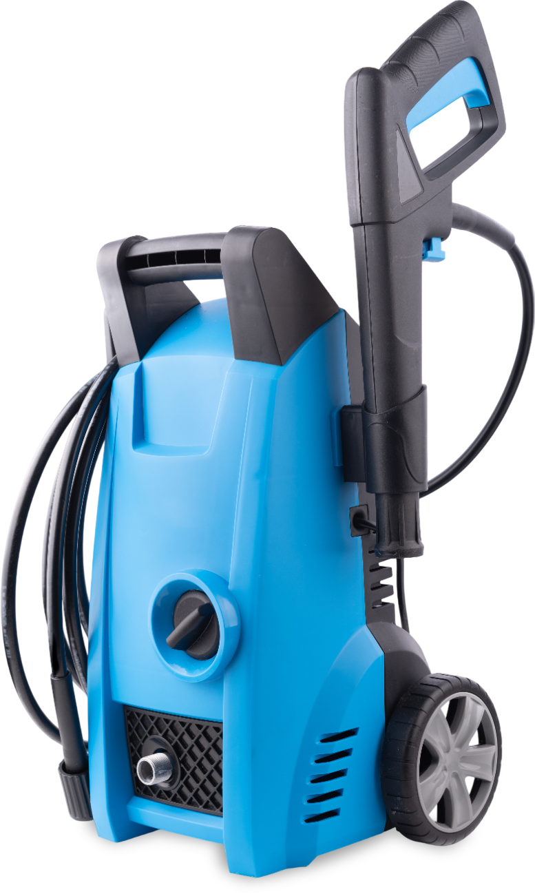 A blue and black high pressure washer with wheels on a white background. A blue and black high pressure washer with wheels on a white background.