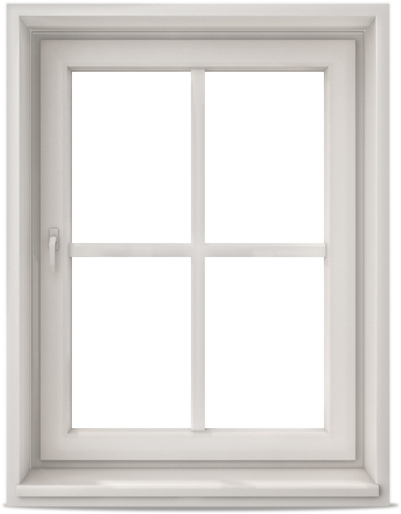 A white window with four panes and a handle on a white background. A white window with four panes and a handle on a white background.