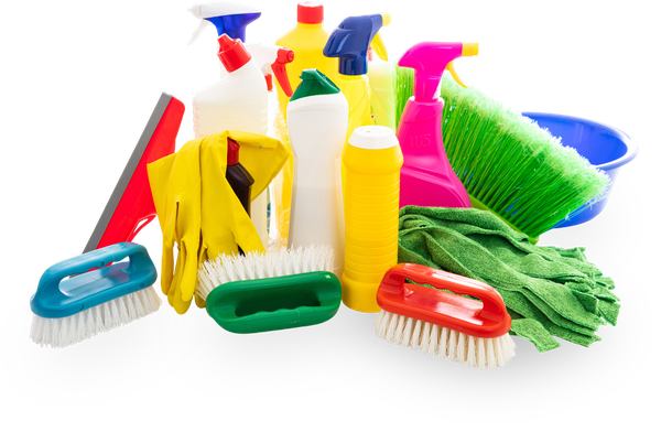 A bunch of cleaning supplies are stacked on top of each other on a white background.