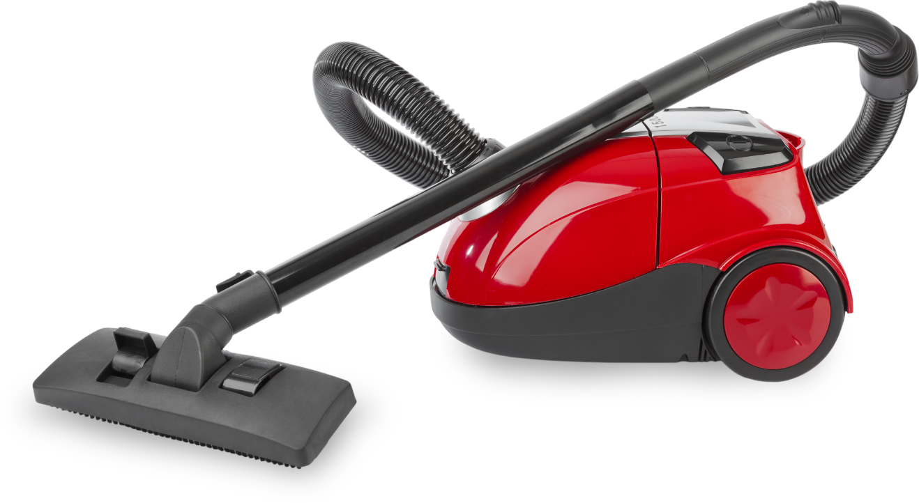 A red vacuum cleaner with a black hose on a white background A red vacuum cleaner with a black hose on a white background