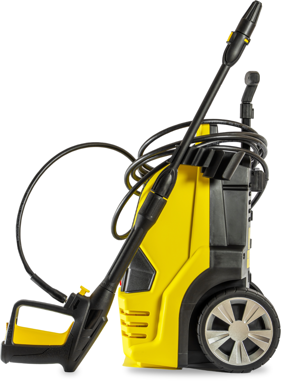 A yellow and black high pressure washer with a hose attached to it. A yellow and black high pressure washer with a hose attached to it.