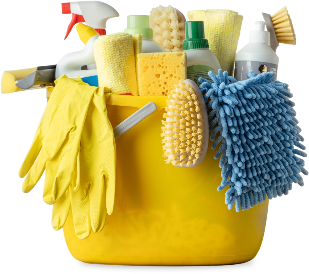 A yellow bucket filled with cleaning supplies and gloves A yellow bucket filled with cleaning supplies and gloves