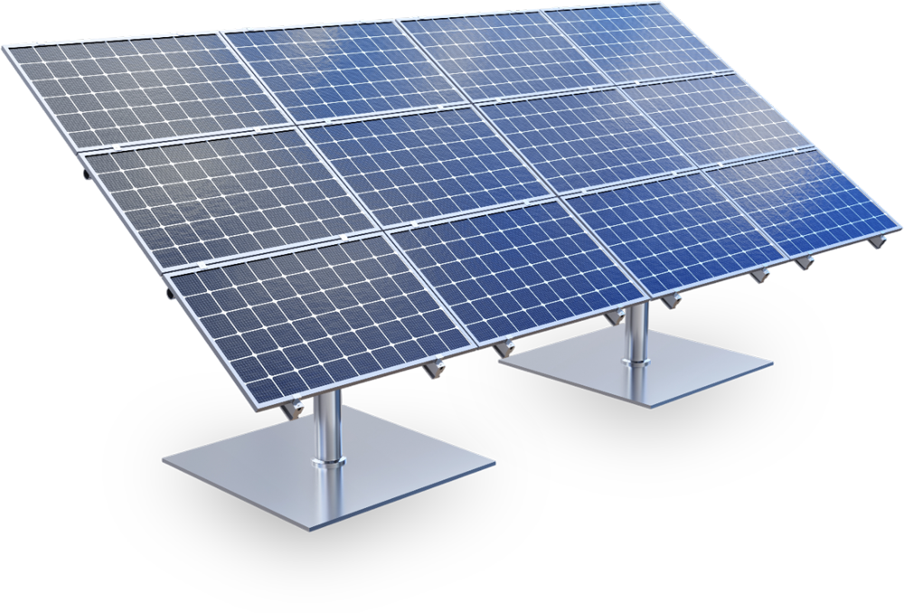 A row of solar panels on a stand on a white background A row of solar panels on a stand on a white background