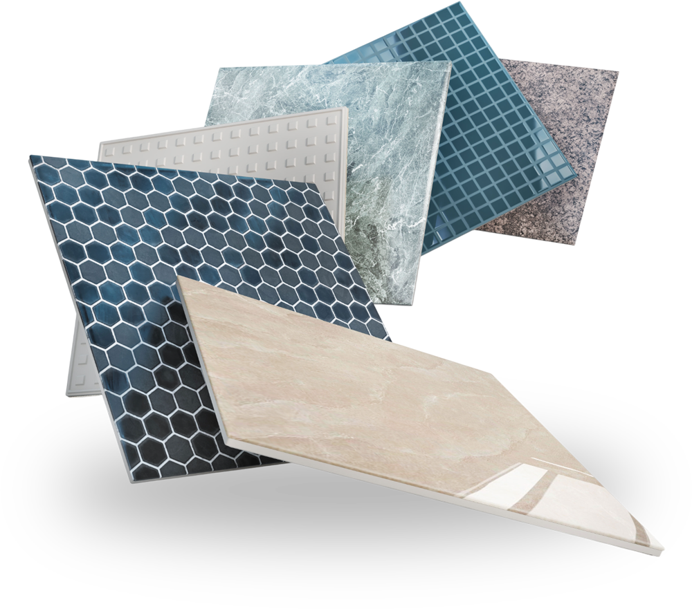 A group of tiles are stacked on top of each other on a white background. A variety of tiles are stacked on top of each other on a white background.
