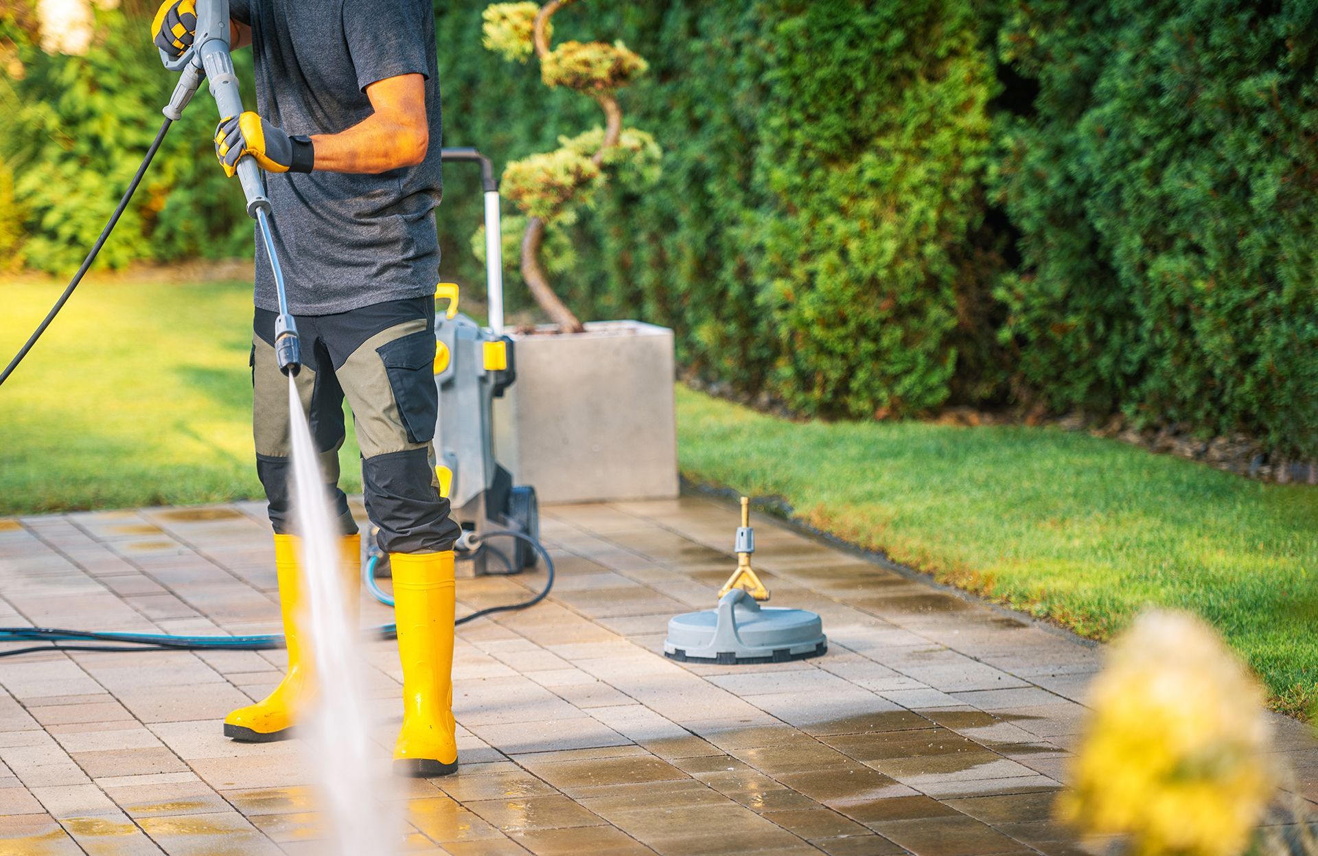 A man is cleaning a patio with a high pressure washer.